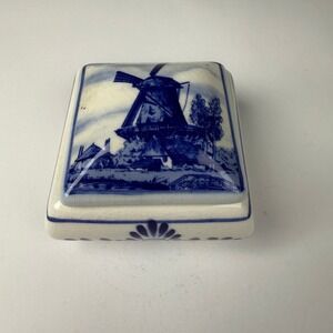 Delft Blue Holland Windmill Trinket Box Dutch Decorative Ceramic